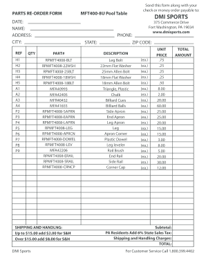 Parts Re-Order Form for Pool Table