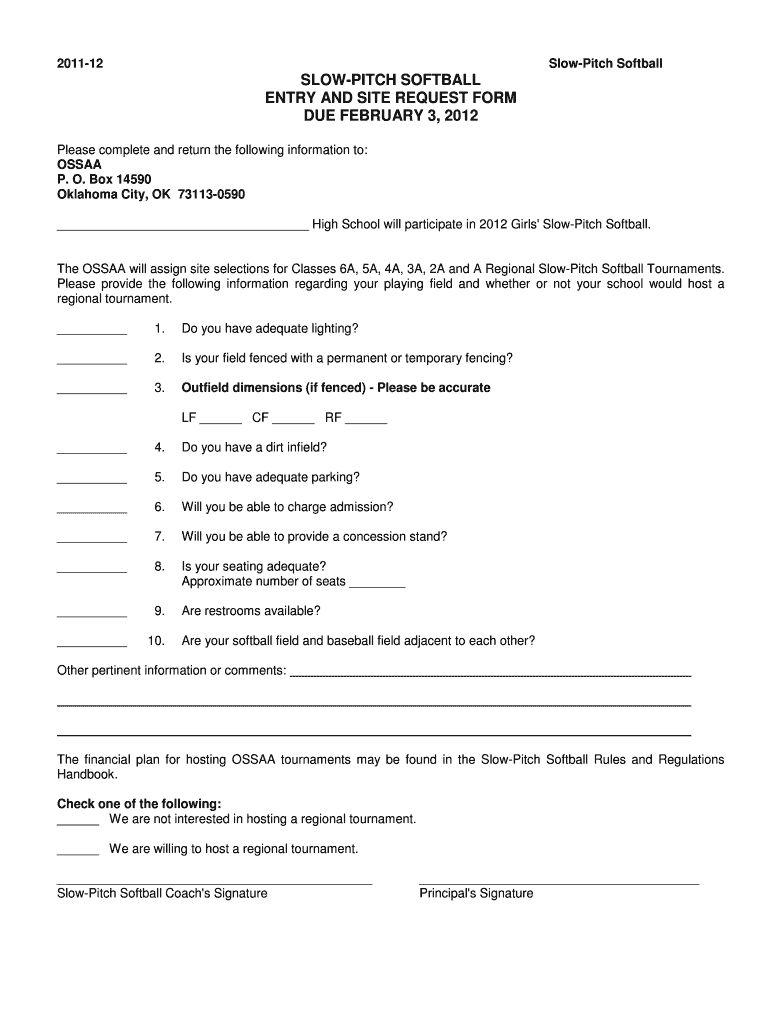 Fillable Online SlowPitch Softball Enrollment Form Fax Email Print pdfFiller