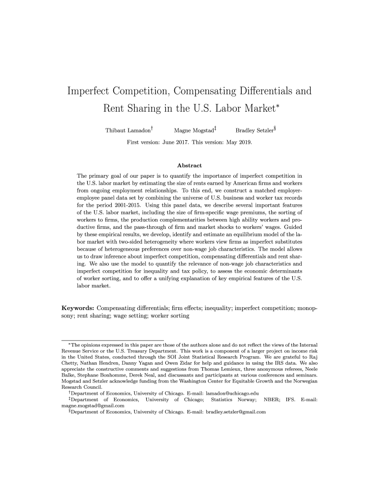 Fillable Online Imperfect Competition, Compensating Differentials and