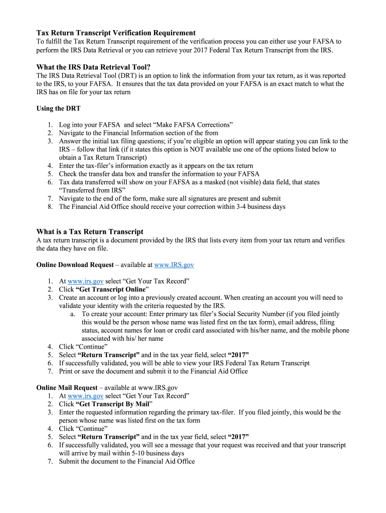 Fillable Online Tax Return Transcript Verification Requirement What the IRS Fax Email Print