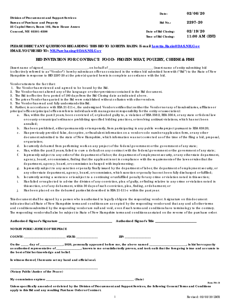 Fillable Online BID INVITATION FOR CONTRACT: FOOD- FROZEN MEAT, POULTRY ...