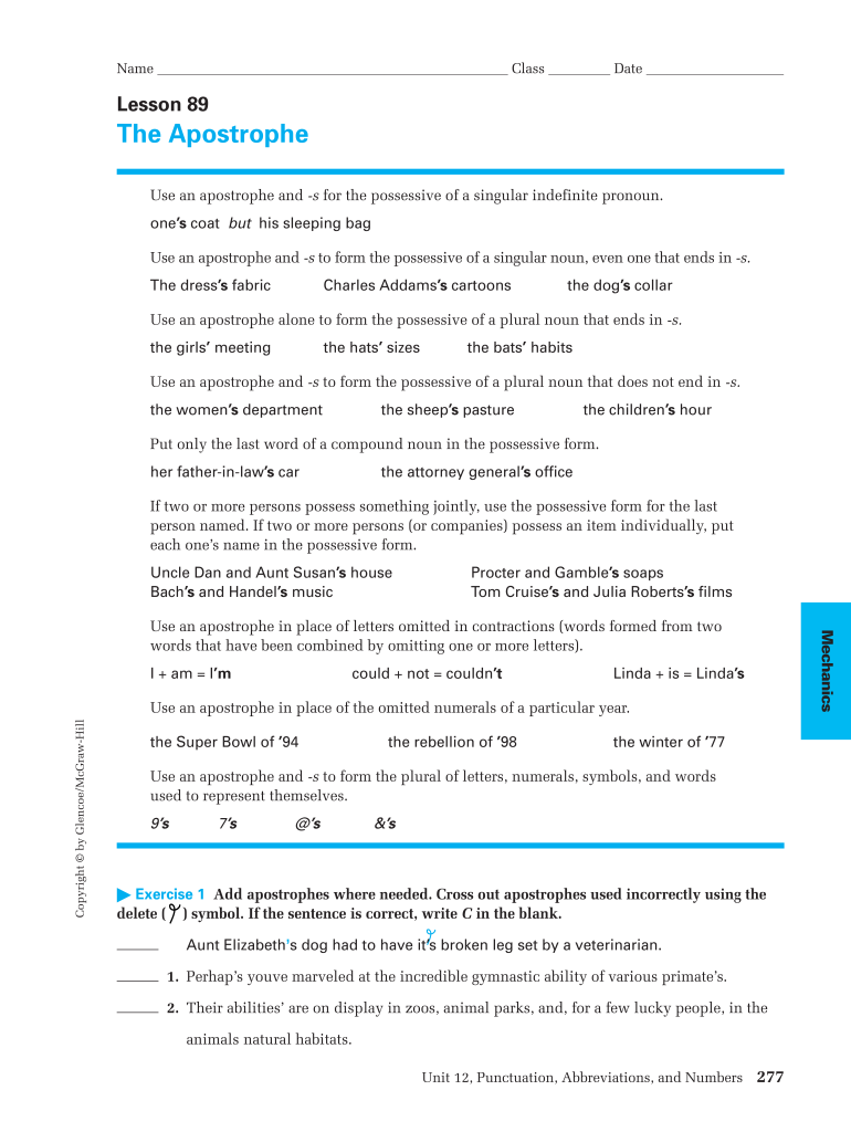 Lesson 89 The Apostrophe Answer Key Fill Online, Printable, Fillable