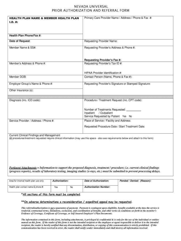 Fillable Online NEVADA UNIVERSAL PRIOR AUTHORIZATION AND REFERRAL FORM