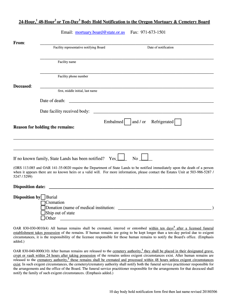 Fillable Online Oregon Mortuary and Cemetery Board Notifying the