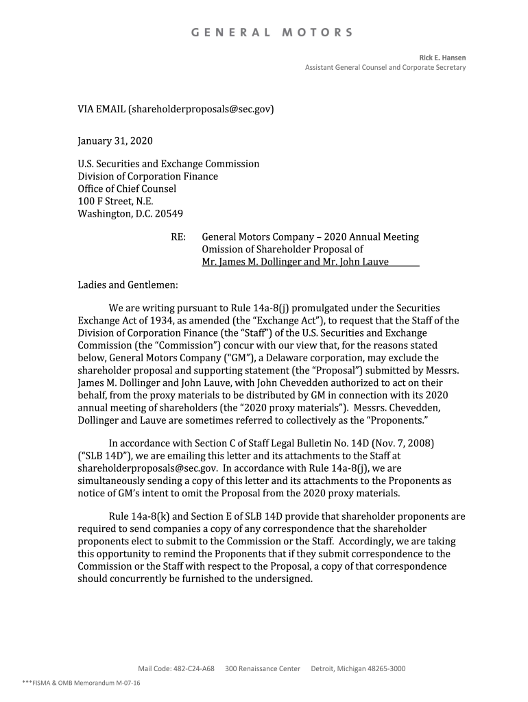 Fillable Online General Motors Company; Rule 14a8 noaction letter