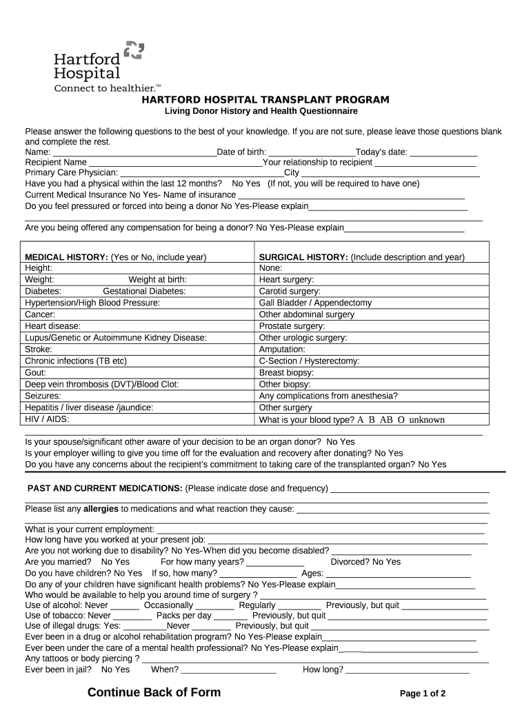 Page 1 HEALTH HISTORY QUESTIONNAIRE FOR THE LIVING DONOR Doc Template
