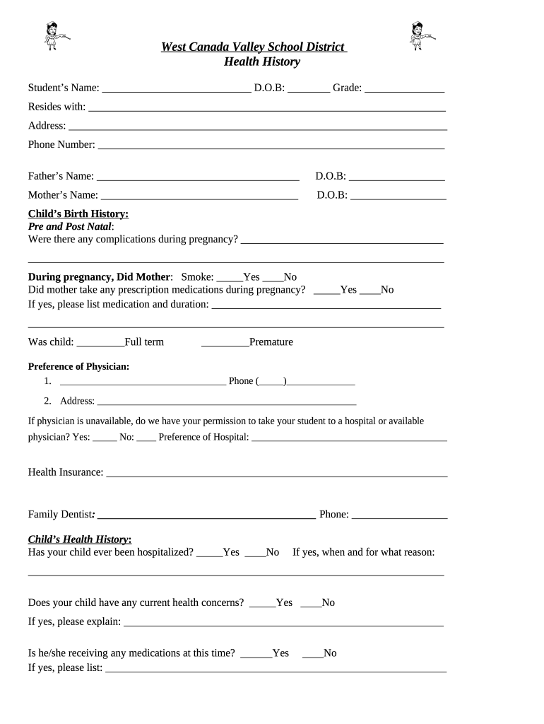 West Canada Valley School District Health History Doc Template pdfFiller