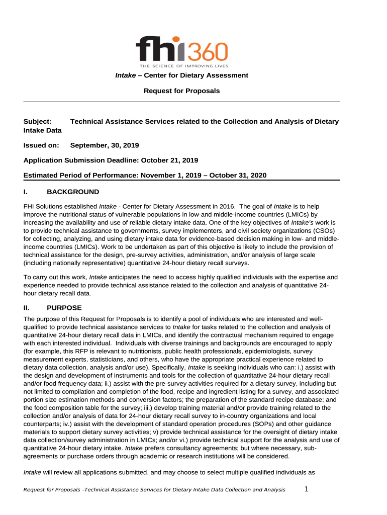 Intake Center for Dietary Assessment Doc Template pdfFiller