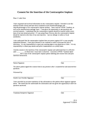Consent for the insertion of the contraceptive implant
