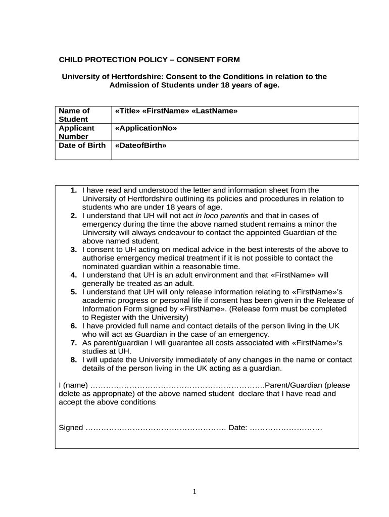 CHILD PROTECTION POLICYCONSENT Doc Template | pdfFiller