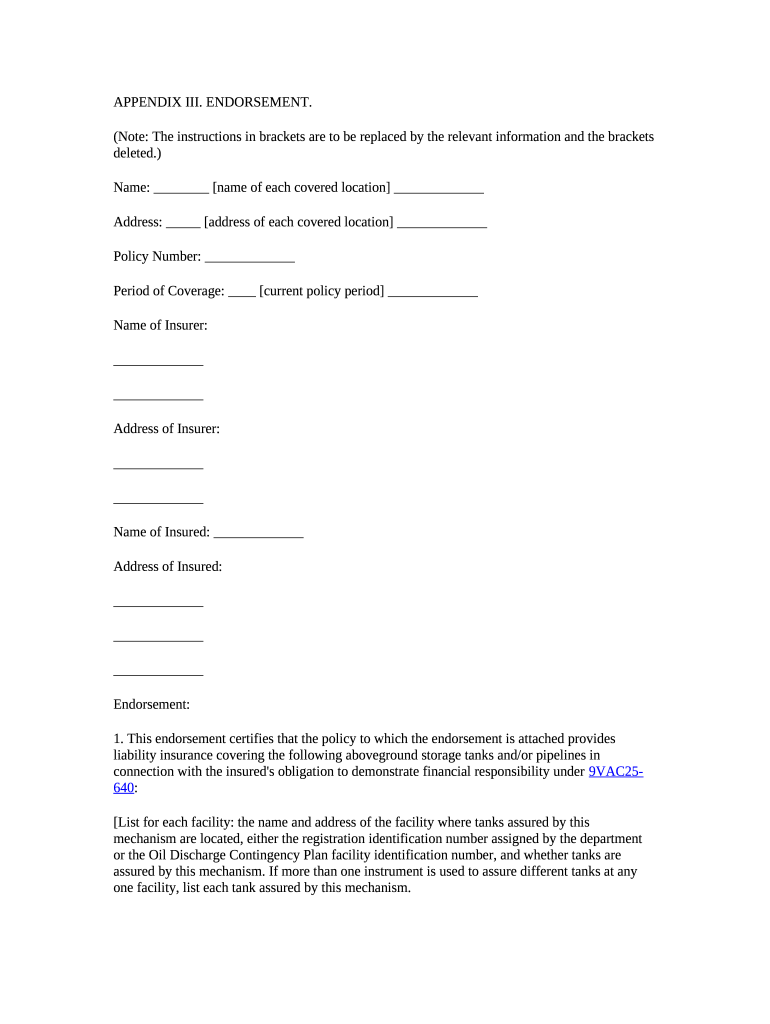 9VAC256402503. Appendix III. Endorsement. Virginia Law Doc