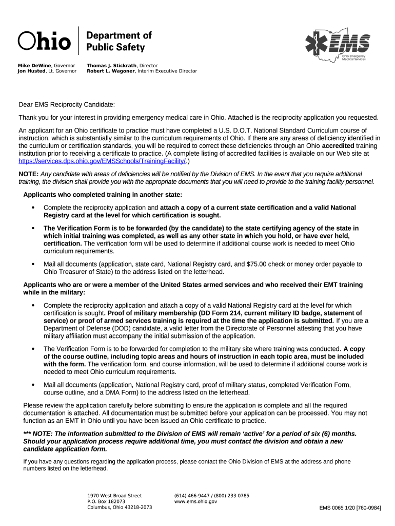 EMS Reciprocity Certification Texas Department of State Doc