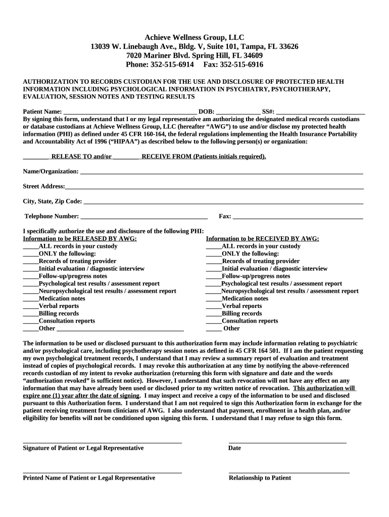 Psychology Center of Tampa Bay, Inc Achieve Wellness Group Doc