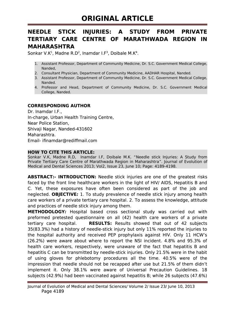 Needle stick injuriesrisk and preventive factors a study Doc