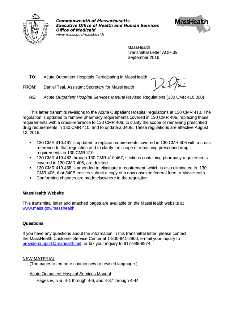MassHealth Transmittal Letter AOH39 September Mass.gov Doc
