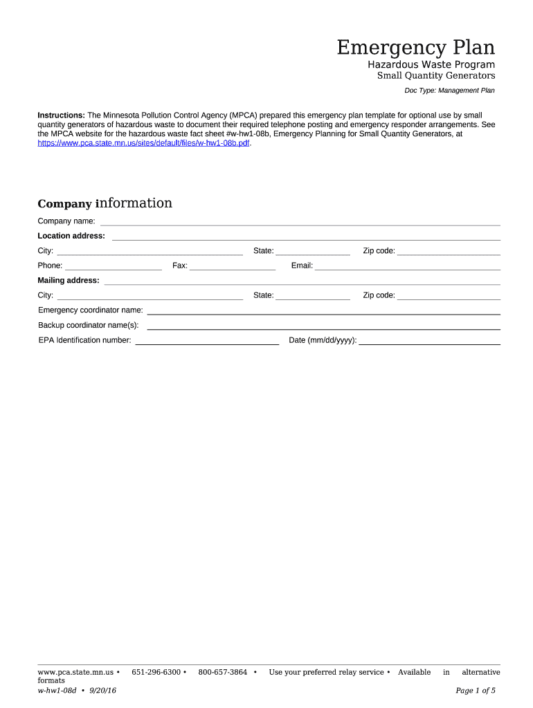 Emergency Plan. This used as Emergency Plan template for Small Quantity