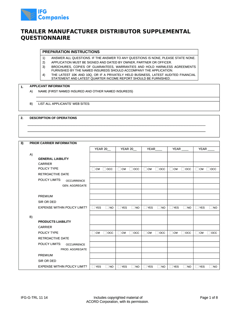 Trailer Manufacturing/ Distributor Supplemental Questionnaire Doc Template pdfFiller