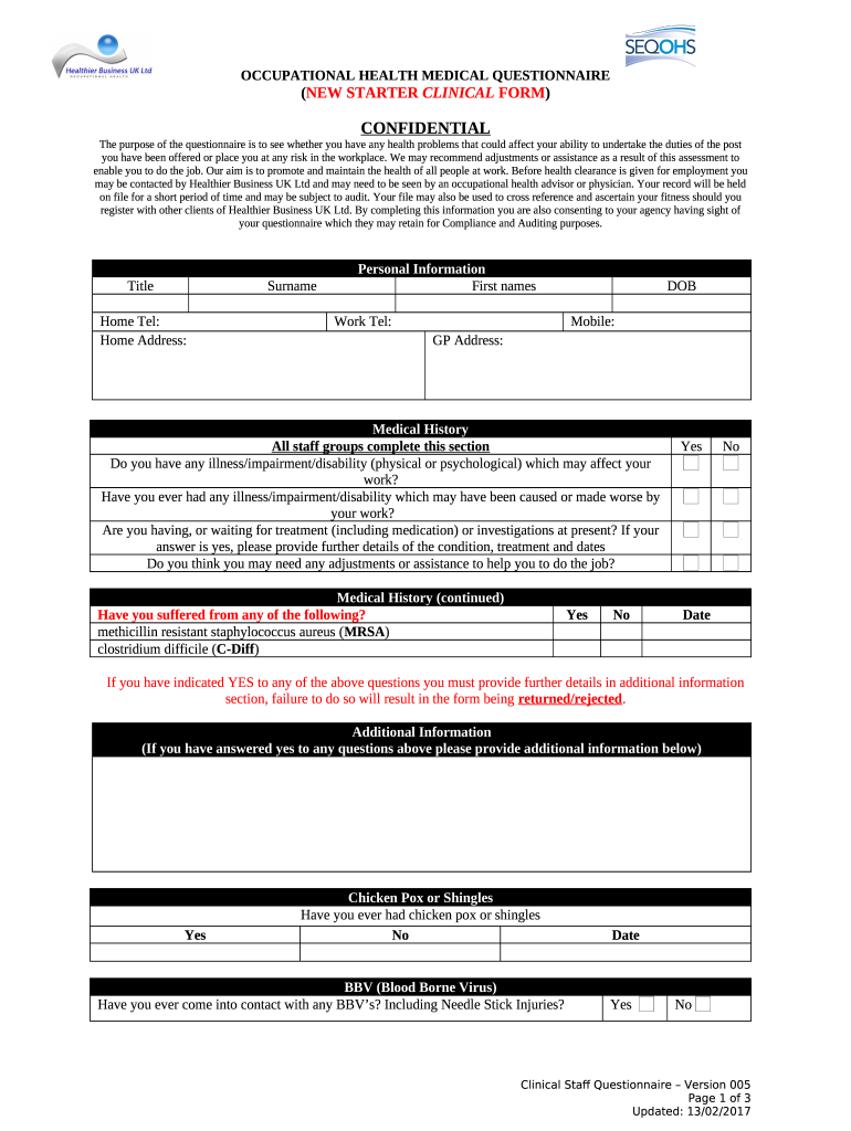 OCCUPATIONAL HEALTH MEDICAL QUESTIONNAIRE NEW STARTER Doc Template pdfFiller