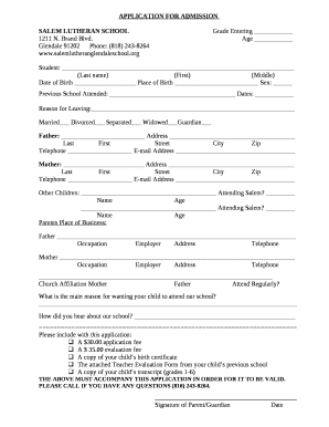 APPLICATION FOR ADMISSION - salemlutheranglendaleschool.org