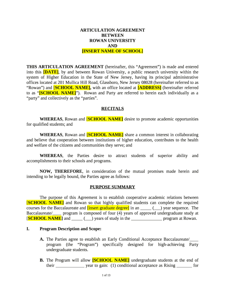 Articulation Agreement Rowan University Doc Template pdfFiller