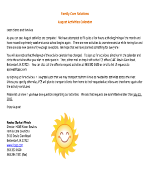 Family Care Solutions August Activities Calendar Dear clients ...