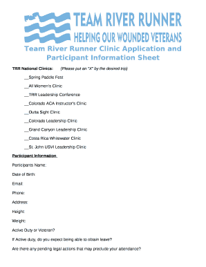 Team River Runner Clinic Application and Participant Information Sheet