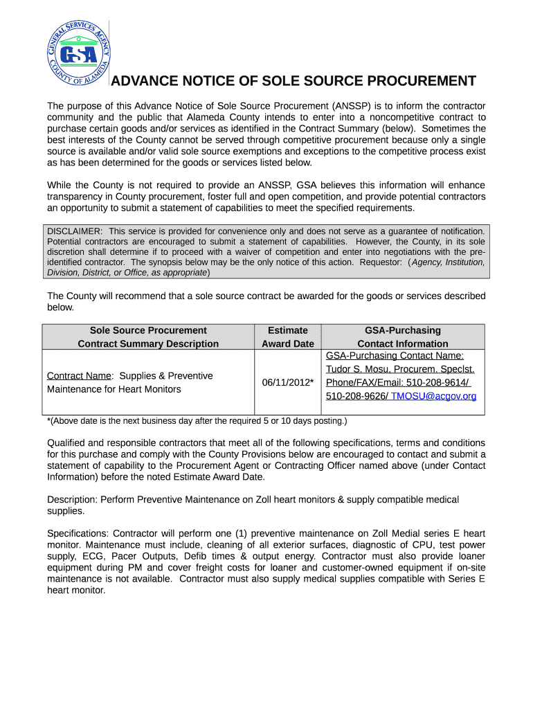 The purpose of this Advance Notice of Sole Source Doc Template