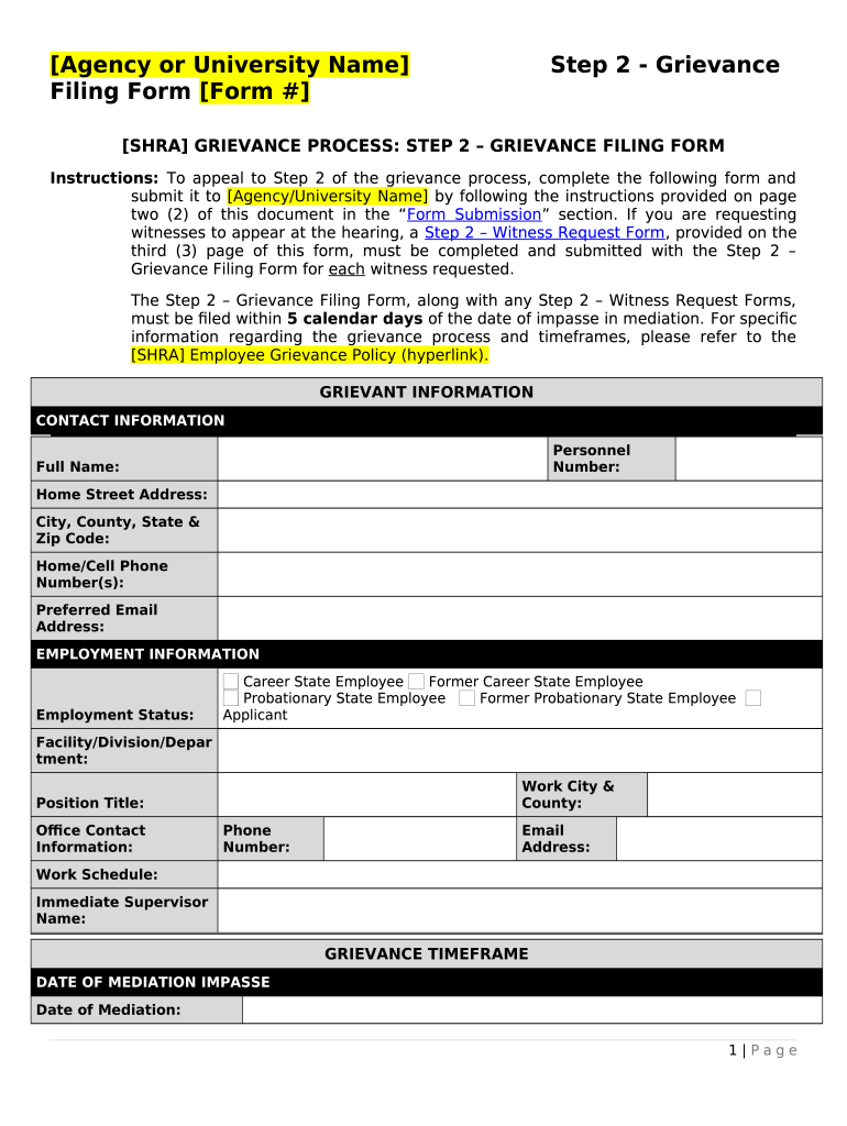 SHRA GRIEVANCE PROCESS STEP 2 GRIEVANCE FILING Doc Template pdfFiller