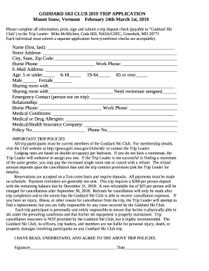 GODDARD SKI CLUB 2019 TRIP APPLICATION