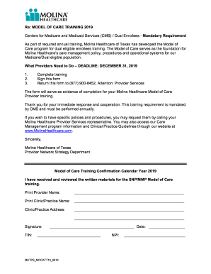 Molina Healthcare of Texas 2019 Model of Care Provider Attestation Form
