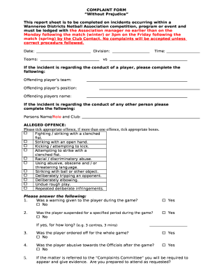 This report sheet is to be completed on incidents occurring within a Wanneroo Districts Netball Association competition, program or event and must be lodged with the Association manager no earlier than on the Monday following the match (winter) or 3p