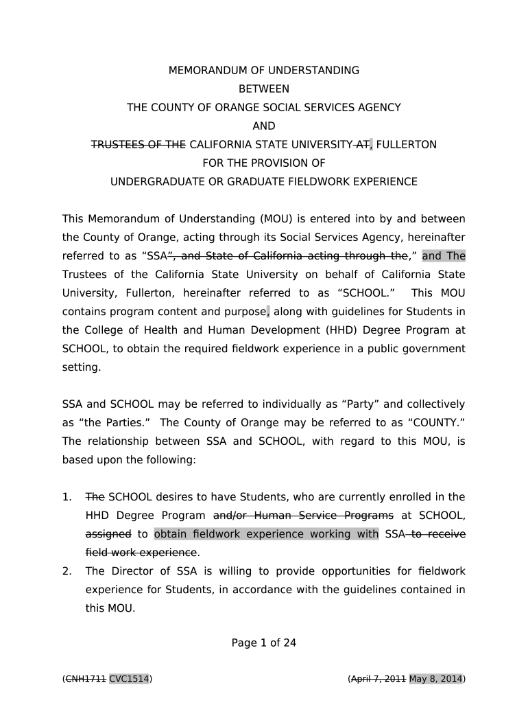MEMORANDUM OF UNDERSTANDING Orange County, California Doc Template