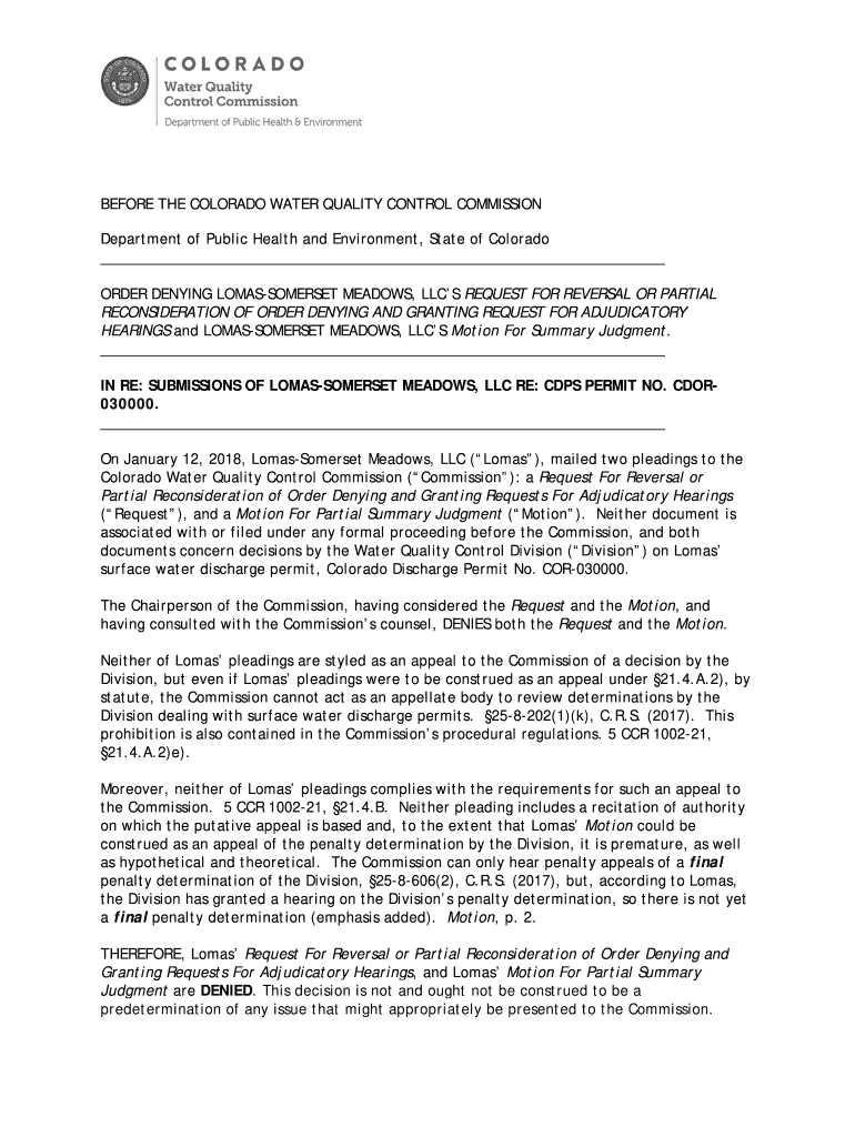 Fillable Online BEFORE THE COLORADO WATER QUALITY CONTROL COMMISSION