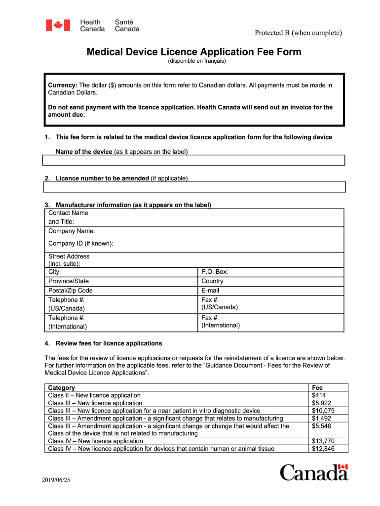 Medical Device Licence Application Fee Form Fill Online, Printable