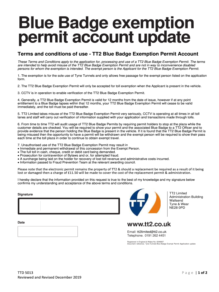 Fillable Online Blue Badge exemption permit account update Tyne