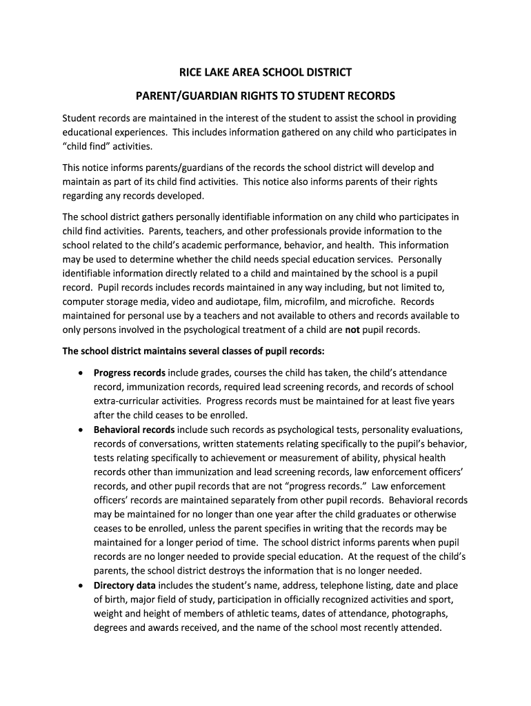 Fillable Online RICE LAKE AREA SCHOOL DISTRICT PARENT/GUARDIAN RIGHTS