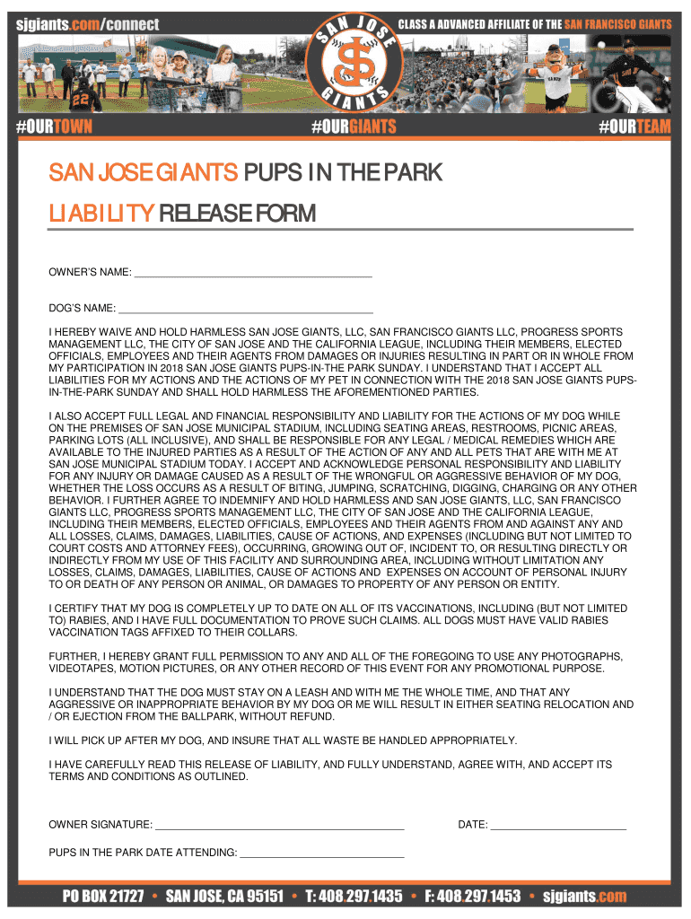 SAN JOSE GIANTS PUPS IN THE PARK LIABILITY RELEASE FORM Preview on Page 1