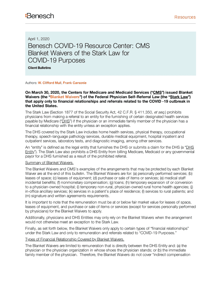 Fillable Online CMS Blanket Waivers of the Stark Law for COVID19