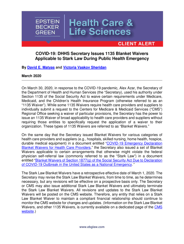 Fillable Online CMS Issues Blanket Stark Law Waivers in Connection with