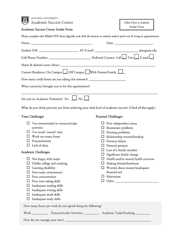 Academic Success Plan Intake FormBH082119 Preview on Page 1