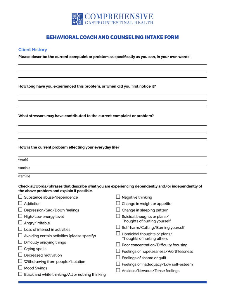 BEHAVIORAL COACH AND COUNSELING INTAKE FORM Preview on Page 1