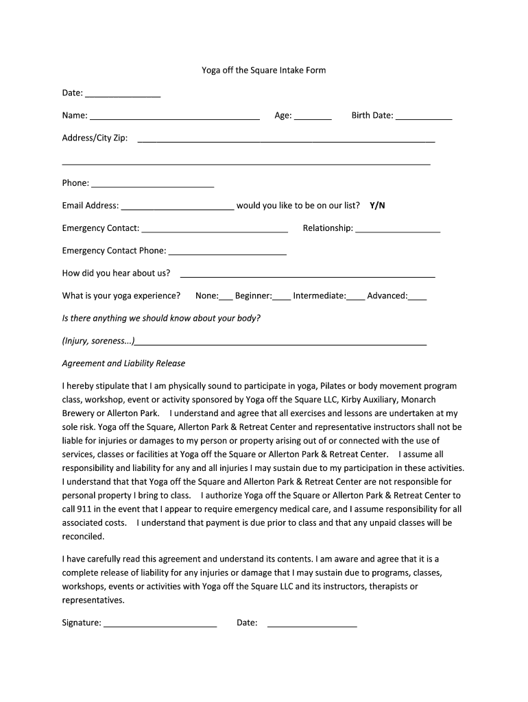 Yoga off the Square Intake Form Preview on Page 1