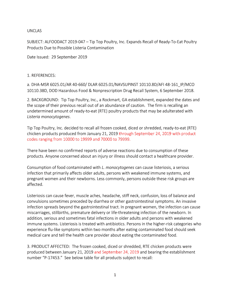 Fillable Online Tip Top Poultry, Inc. Recalls Fully Cooked Poultry