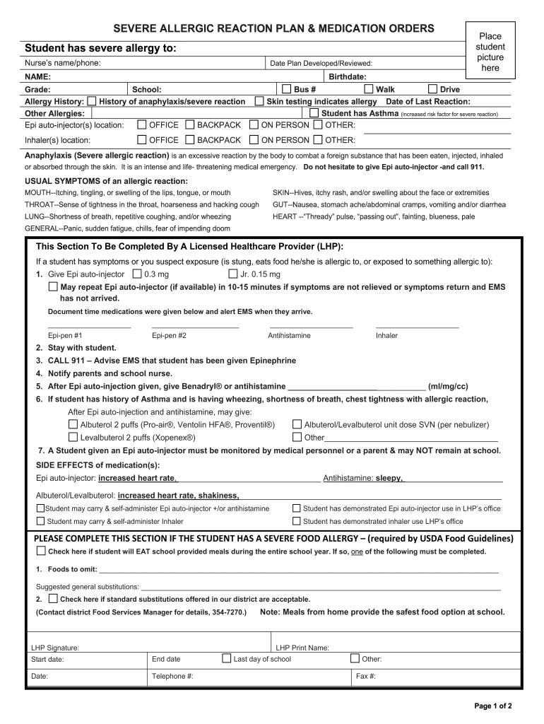 allergy form - Signal Hill Elementary School - Prince William Preview on Page 1