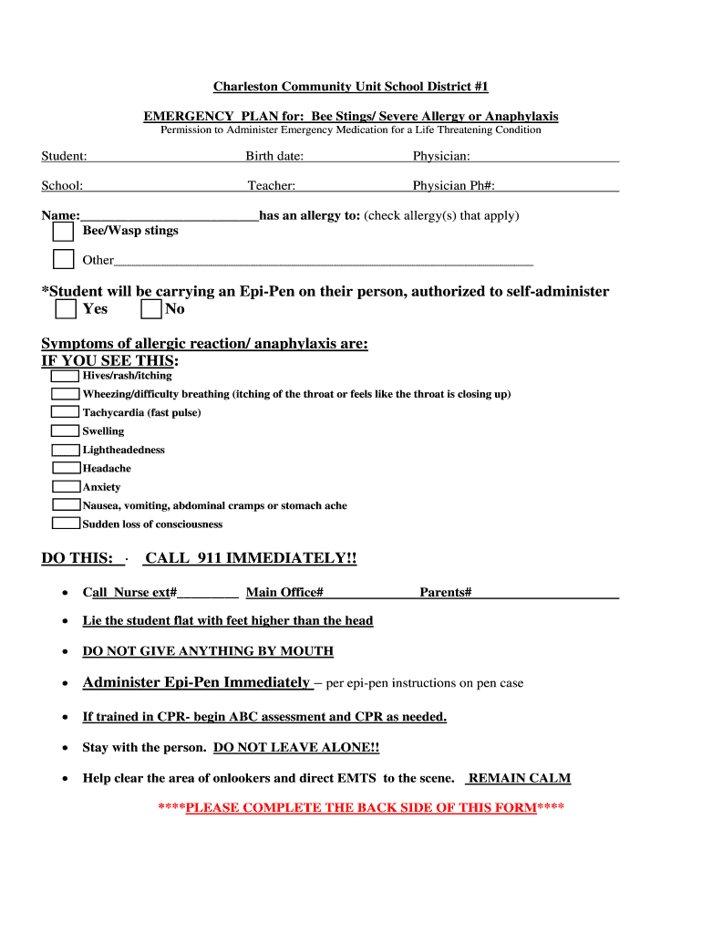 Emergency Plan for Allergic reactions doc Preview on Page 1