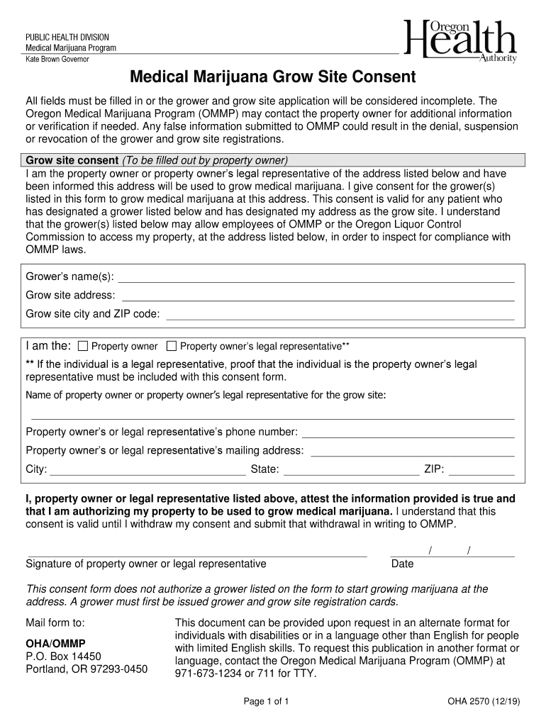 OHA 2570 Grow Site Consent Form Preview on Page 1