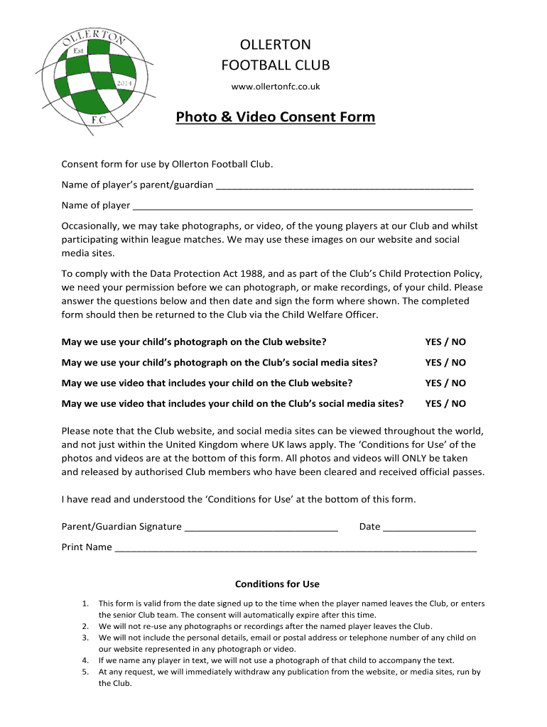 OLLERTON FOOTBALL CLUB Photo and Video Consent Form Preview on Page 1