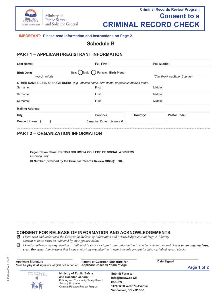 Canada Criminal Record Check Fill Online Printable Fillable Blank
