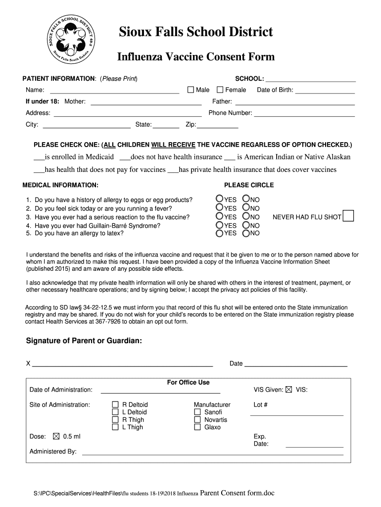 Sioux Falls School District Flu Vaccine Consent Form Preview on Page 1