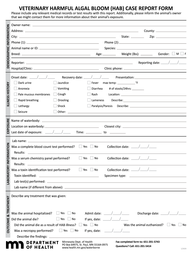 VETERINARY LARGE ANIMAL HARMFUL ALGAL BLOOM (HAB)CASE REPORT FORM - MN Dept of Health. VETERINARY LARGE ANIMAL HARMFUL ALGAL BLOOM (HAB)CASE REPORT FORM Preview on Page 1.